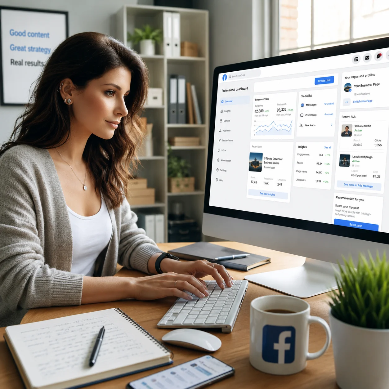 Facebook marketing dashboard showing business page performance