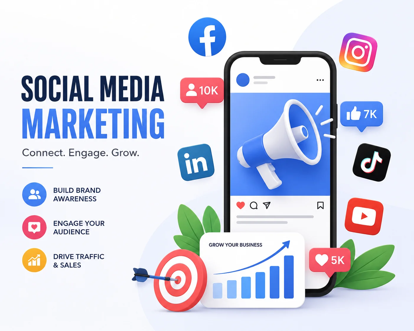 Social media marketing illustration with Facebook, Instagram, LinkedIn, TikTok and YouTube icons