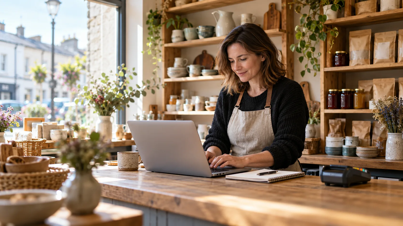 Small shop owner working at a laptop behind a wooden counter. Small shop owner working at a laptop behind a wooden counter.